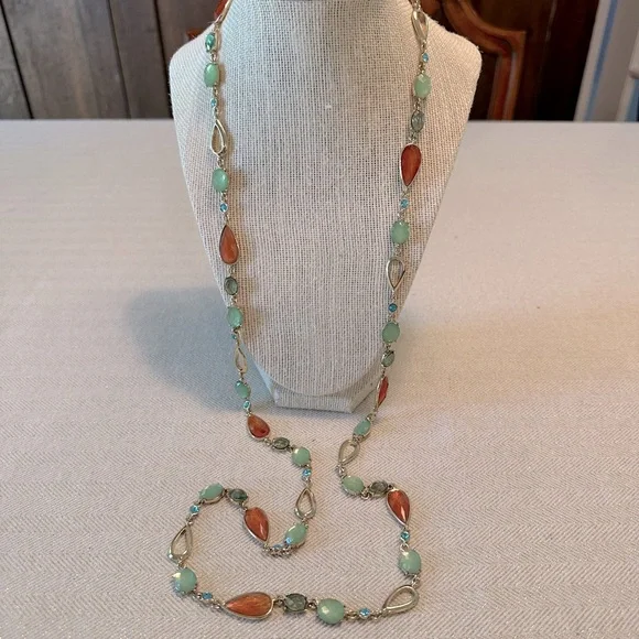 Anne Klein 40" Long Layering Necklace Peach, Green & Turquoise Blue Stations - Picture 8 of 10